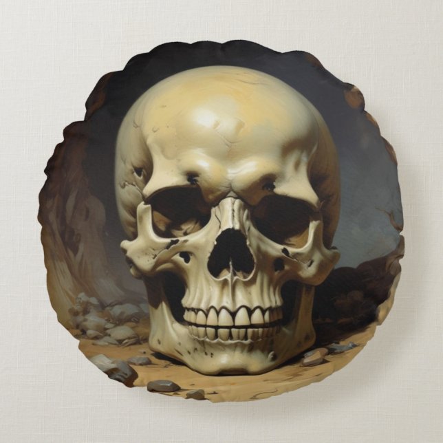 Skull Oil Painting Style Painting Illustration Round Pillow (Front)