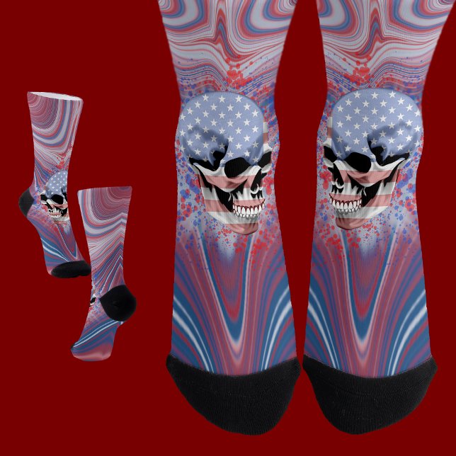 Skull on Abstract Red White & Blue Background Socks (Creator Uploaded)