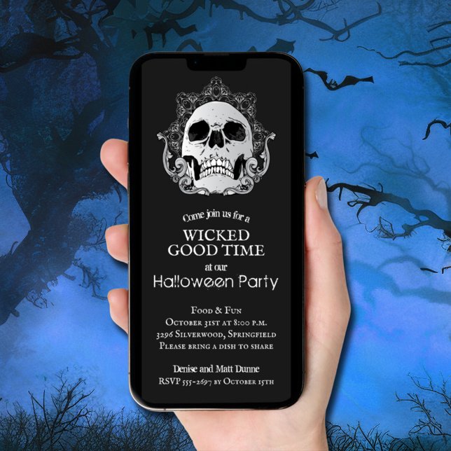 Skull on Black Halloween Invitation (Gothic skull on black Halloween party invitations - INSTANT DOWNLOAD and/or printed)