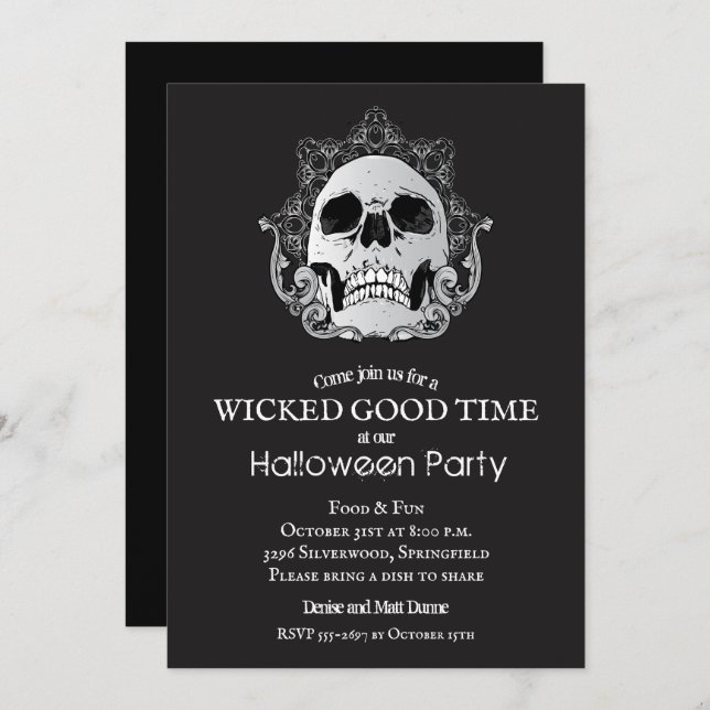 Skull on Black Halloween Party Invitations (Front/Back)