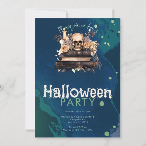 Skull on Books with Roses Halloween Party Invitation