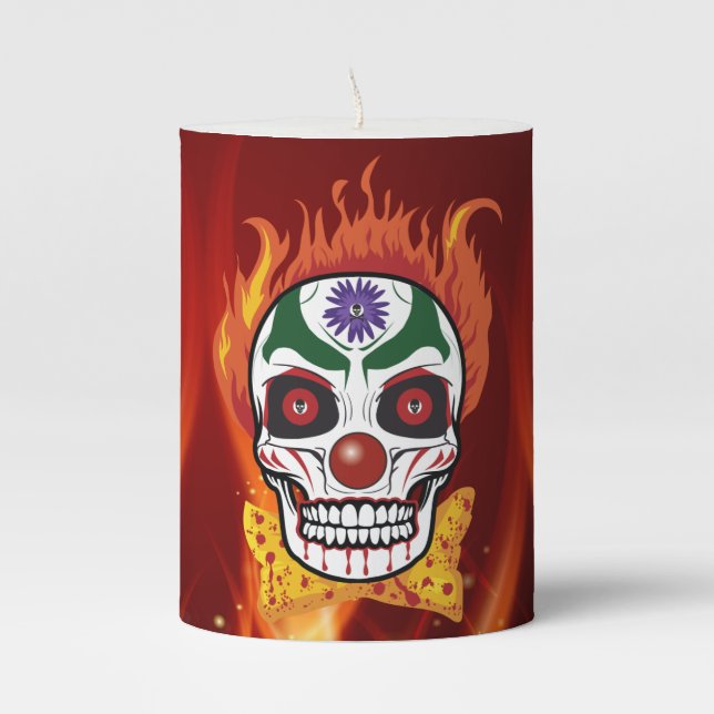 Skull on Fire Candle- Evil Clown Skull Pillar Candle (Front)