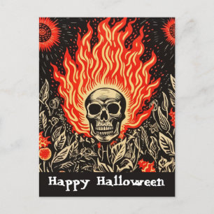 Skull on Fire Linocut Art Happy Halloween Postcard