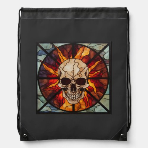 Skull on fire stained glass flaming drawstring bag