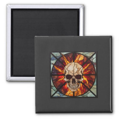 Skull on fire stained glass flaming magnet