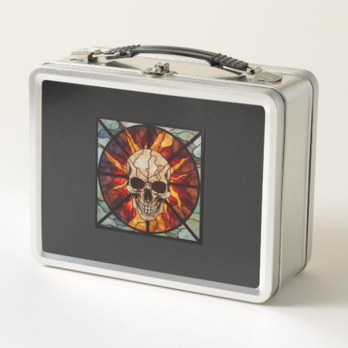 Skull on fire stained glass flaming metal lunch box
