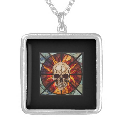 Skull on fire stained glass flaming silver plated necklace