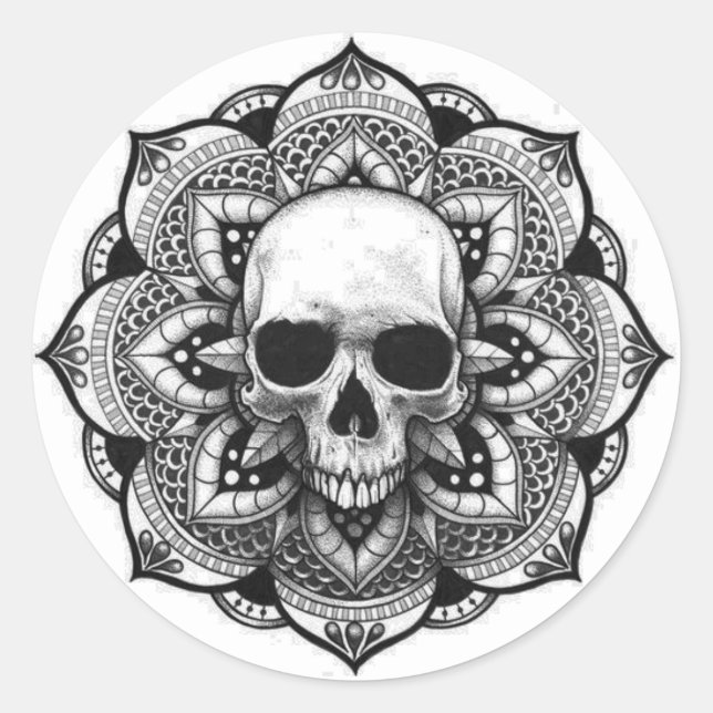 Skull On Mandala Classic Round Sticker (Front)
