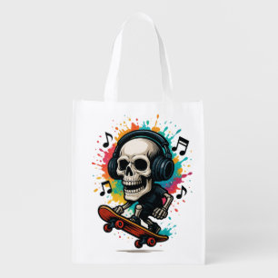 Skull on Skates with Headphones – Music & Color Sp Grocery Bag