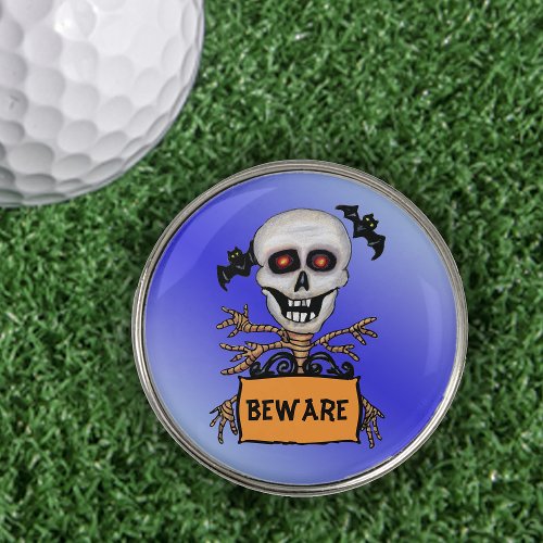 Skull on Tree Glowing Eyes Beware Sign Bats Blue Golf Ball Marker