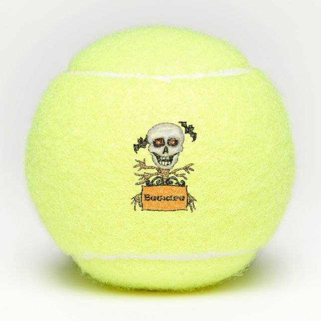 Skull on Tree Limbs Flying Bats Beware Sign Tennis Balls (Front)