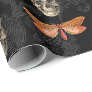 Skull & Orange Butterfly Black Lace Wrapping Paper