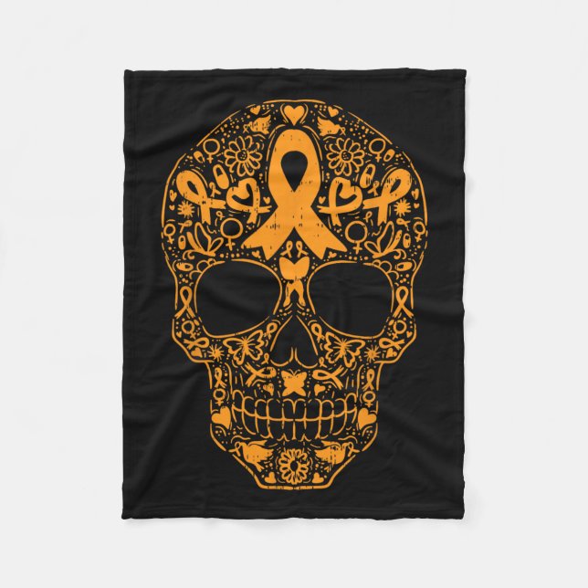 Skull Orange Ribbon Leukemia Cancer Awareness Mexi Fleece Blanket (Front)
