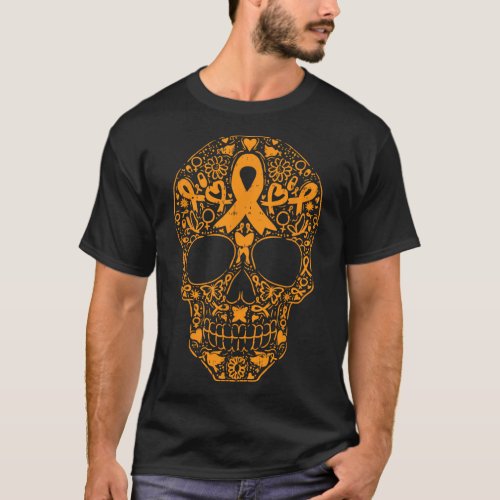 Skull Orange Ribbon Leukemia Cancer Awareness Mexi T_Shirt