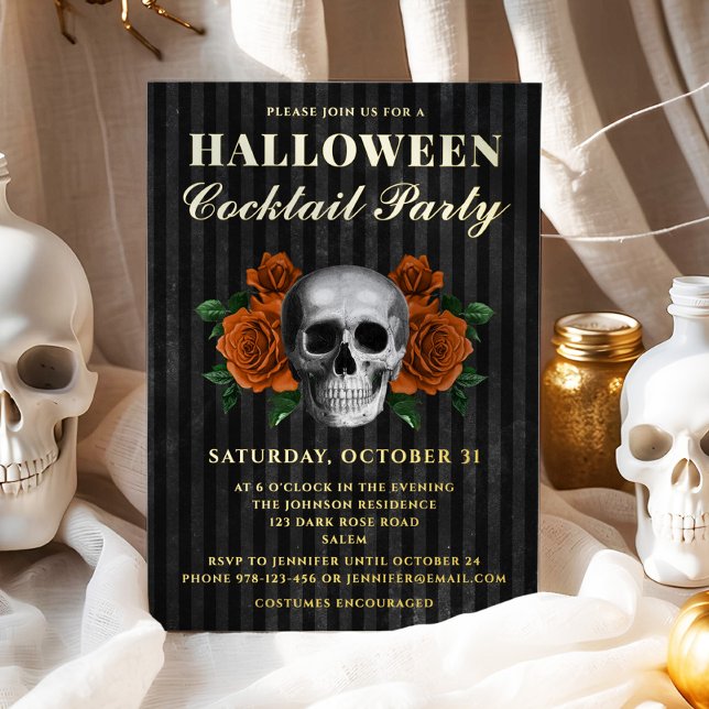 Skull Orange Roses Halloween Cocktail Party Gold Foil Invitation (Skull Orange Roses Halloween Cocktail Party Gold Foil Invitation)