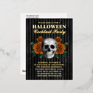 Skull Orange Roses Halloween Cocktail Party Gold Foil Invitation Postcard