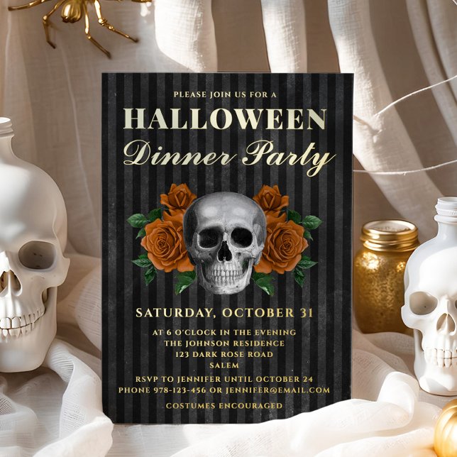 Skull Orange Roses Halloween Dinner Party Gold  Foil Invitation (Skull Orange Roses Halloween Dinner Party Gold Foil Invitation)