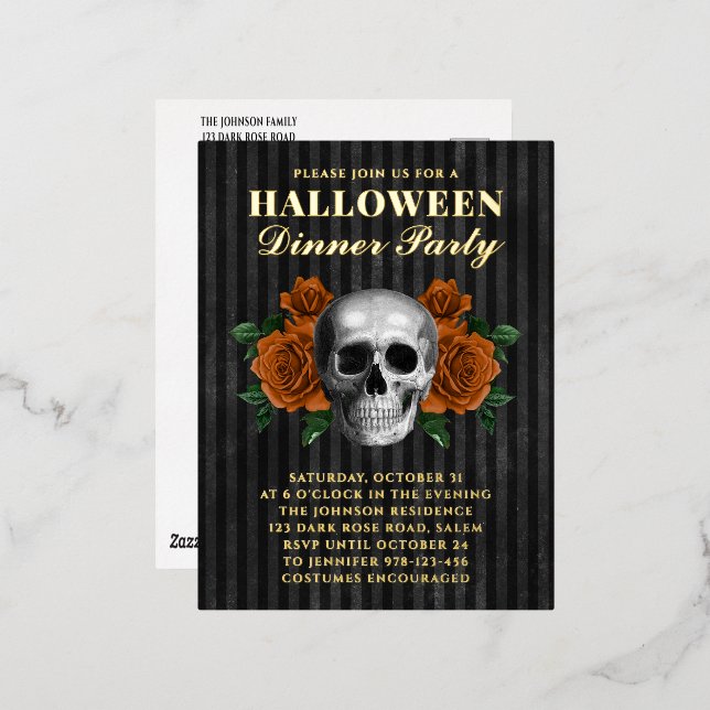 Skull Orange Roses Halloween Dinner Party Gold Foil Invitation Postcard (Front/Back)