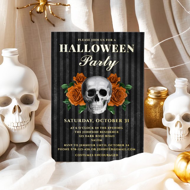Skull Orange Roses Halloween Party Gold  Foil Invitation (Skull Orange Roses Halloween Party Gold Foil Invitation)