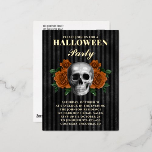 Skull Orange Roses Halloween Party Gold Foil Invitation Postcard