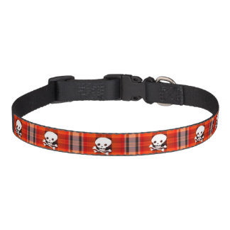 Skull Over Orange Plaid Dog Collar