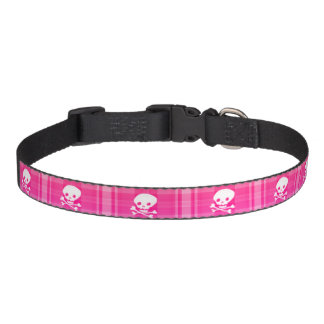 Skull Over Pink Plaid Dog Collar