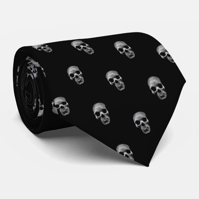 Skull Pattern - Black and White Neck Tie (Rolled)