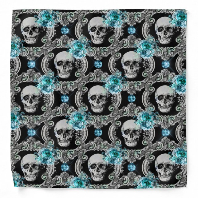 Skull Pattern Blue Floral Bandana (Front)