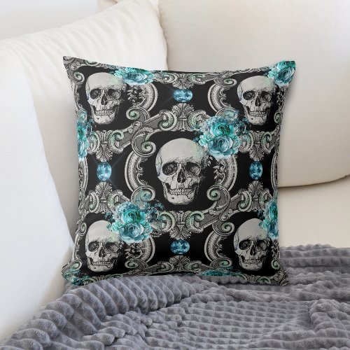 Skull Pattern Blue Floral Throw Pillow