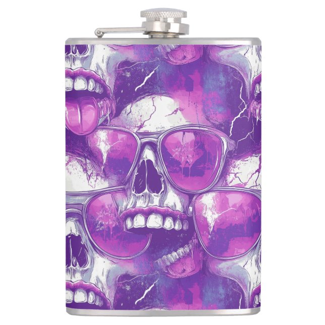 Skull Pattern Design with Purple Sunglasses Flask (Front)
