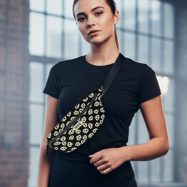 Skull Pattern Monogram Black Halloween Fanny Pack (A fun skull pattern fanny pack with space for your initials)