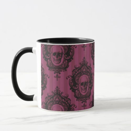 Skull Pattern on Pink Vertical Stripes Halloween Mug