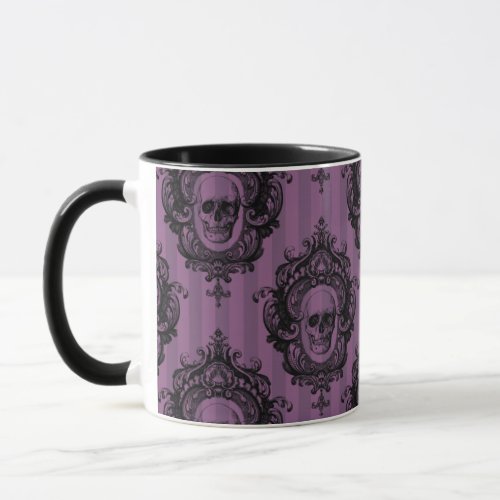 Skull Pattern on Purple Vertical Stripes Halloween Mug