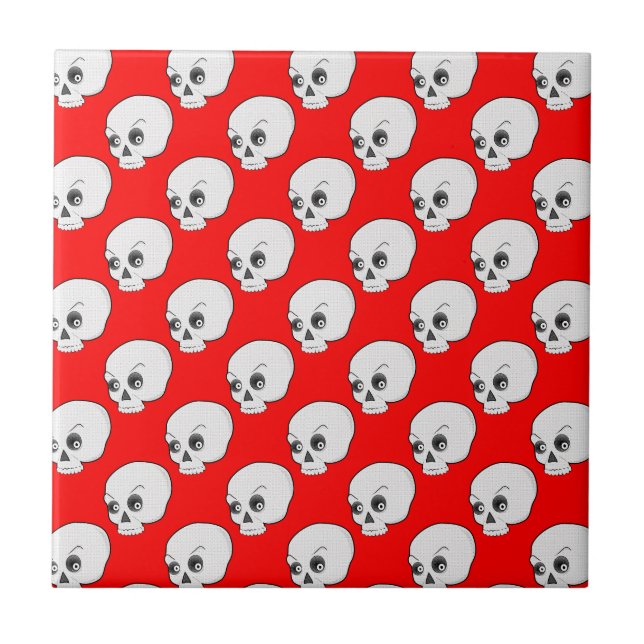Skull Pattern On Red Background Ceramic Tile (Front)