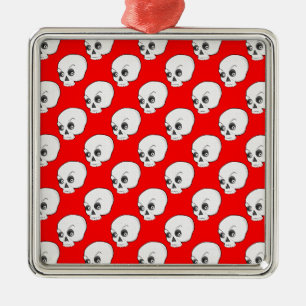 Skull Pattern On Red Background Metal Ornament