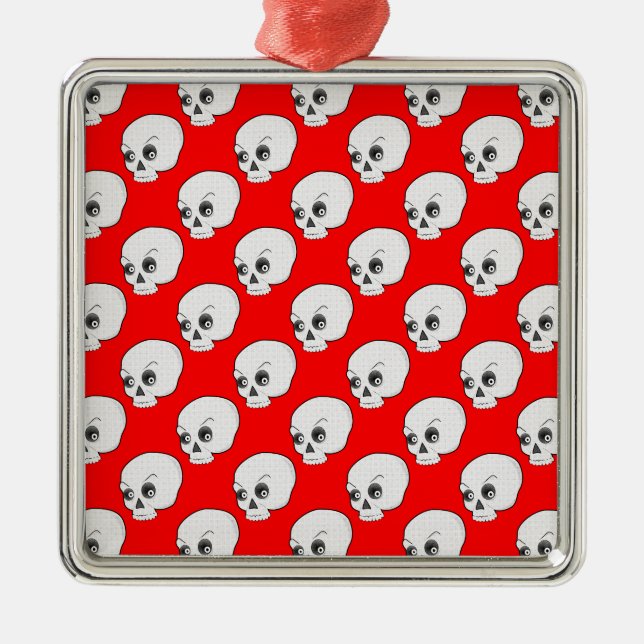 Skull Pattern On Red Background Metal Ornament (Front)