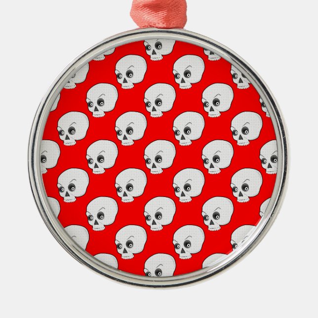 Skull Pattern On Red Background Metal Ornament (Front)