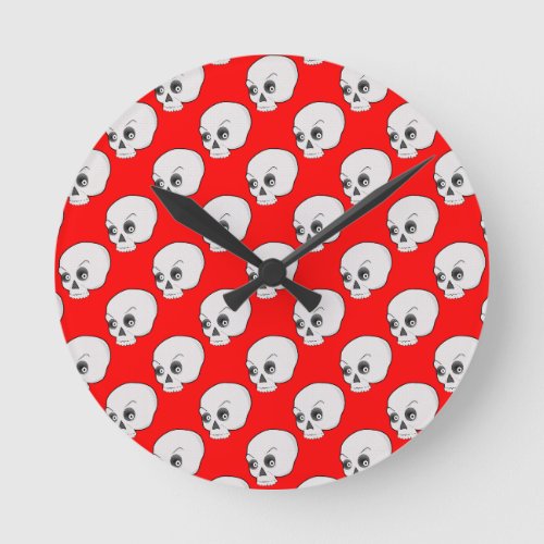 Skull Pattern On Red Background Round Clock