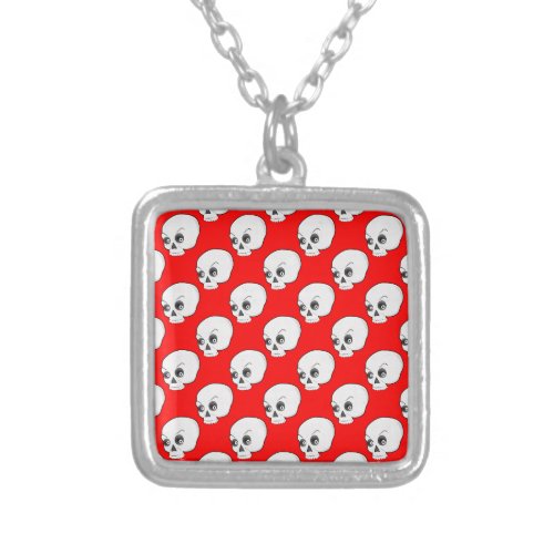 Skull Pattern On Red Background Silver Plated Necklace