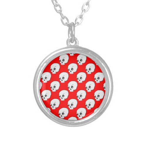 Skull Pattern On Red Background Silver Plated Necklace