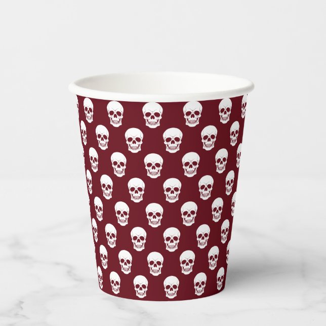 Skull Pattern On Red Burgundy Modern Halloween Paper Cups (Front)