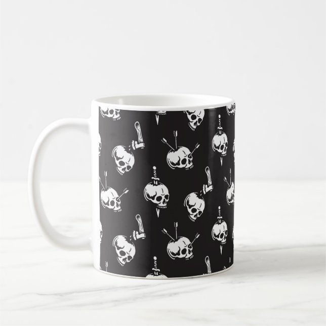 Skull Pattern with Weapons: Dark Background. Coffee Mug (Left)