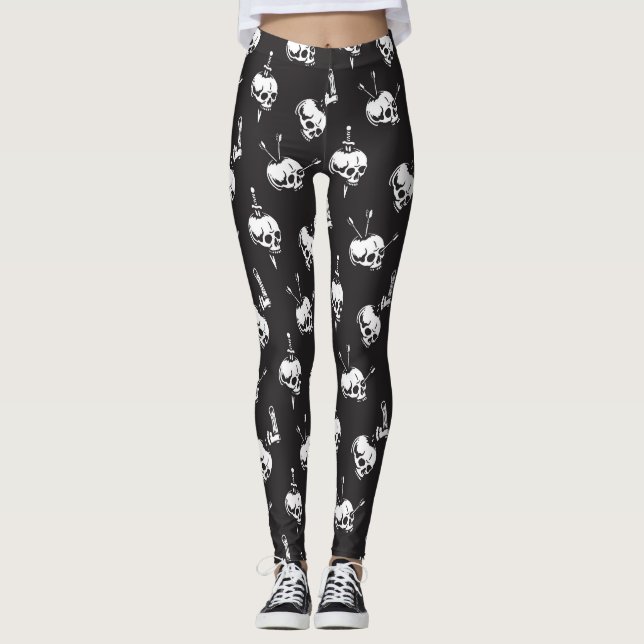 Skull Pattern with Weapons: Dark Background. Leggings (Front)