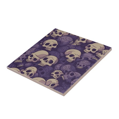 Skull Pile Ceramic Tile Purple and Tan