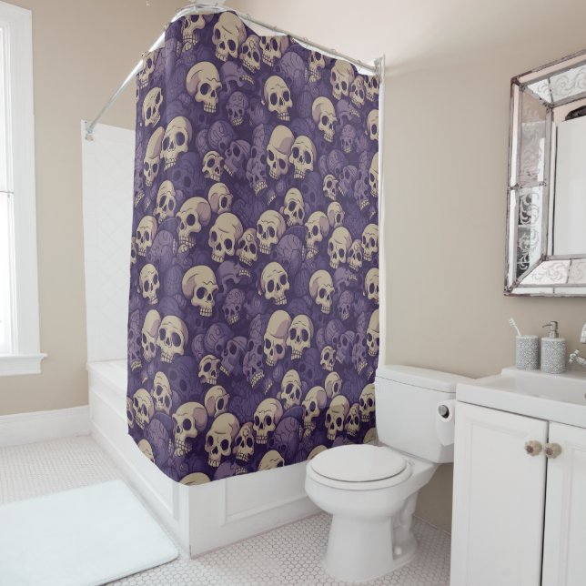 Skull Pile Shower Curtain in Purple/Tan (In Situ)
