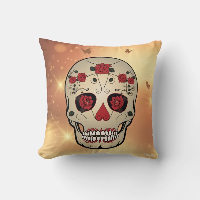 Skull Pillows Red Rose Skull Home Decor (Front)