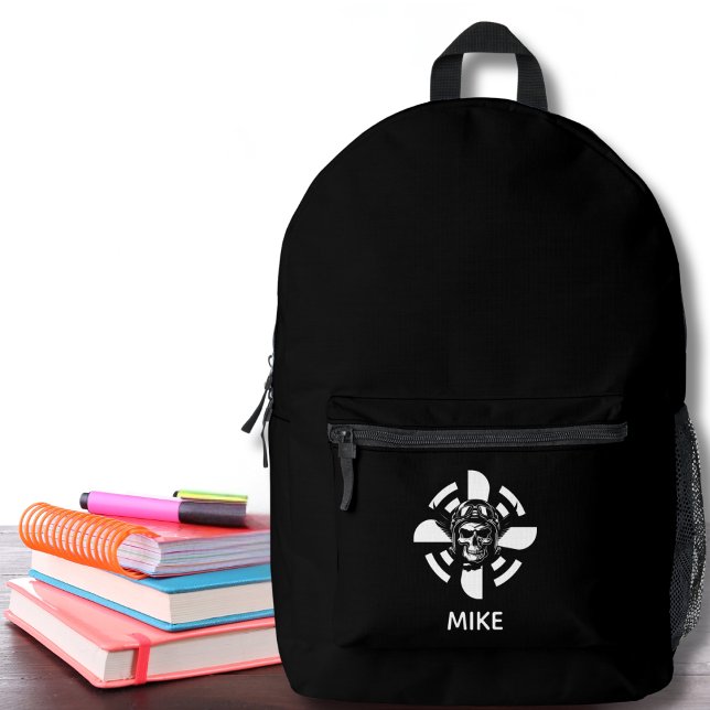 Skull Pilot Airplane Propeller Minimalist Black Printed Backpack (Creator Uploaded)