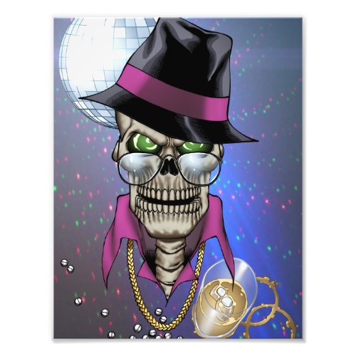 Skull Pimp with Hat Glasses Gold Chain and Disco Photo Print