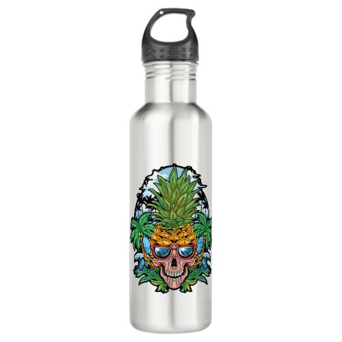 Skull Pineapple Head With Glasses And Coconut Tree Stainless Steel Water Bottle