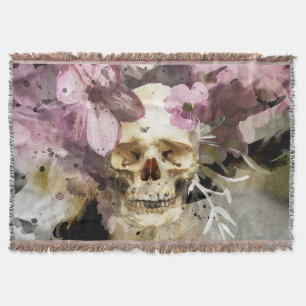 Skull Pink Floral Throw Blanket